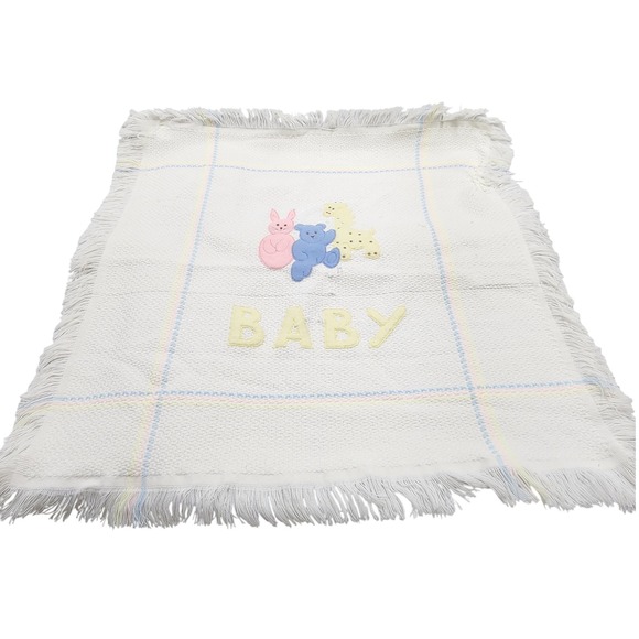 Stork Club Baby Blanket White Acrylic Knit Fringe Giraffe Bear Bunny Italy VTG